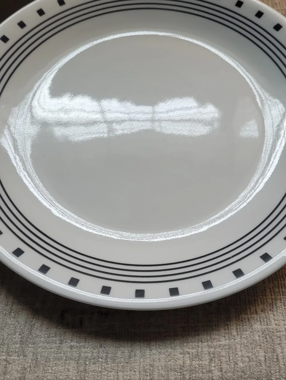 Corelle City Block White Ceramic Dinner Plate with Black Geometric Rim